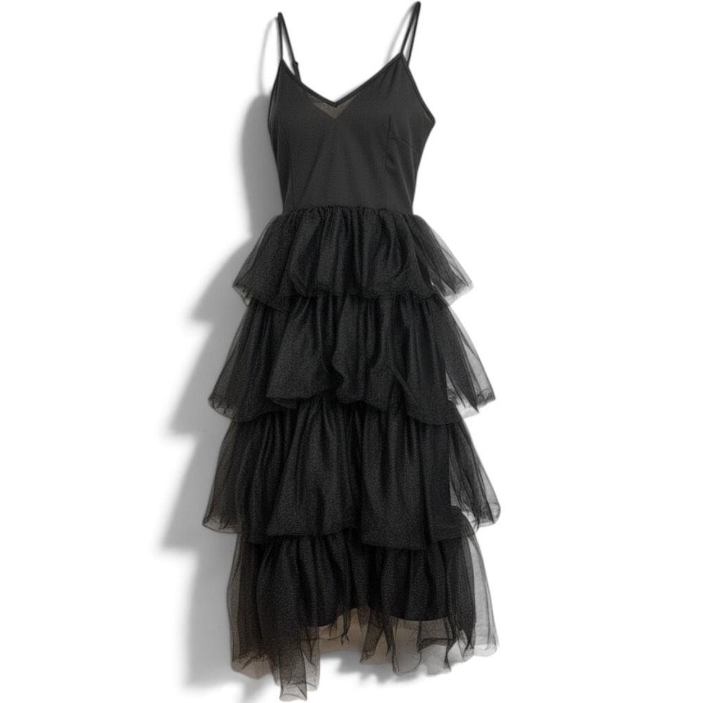 Black Tiered Tulle Maxi Dress Witchy Whimsigoth Gothic Gown Small 90s Y2K Style